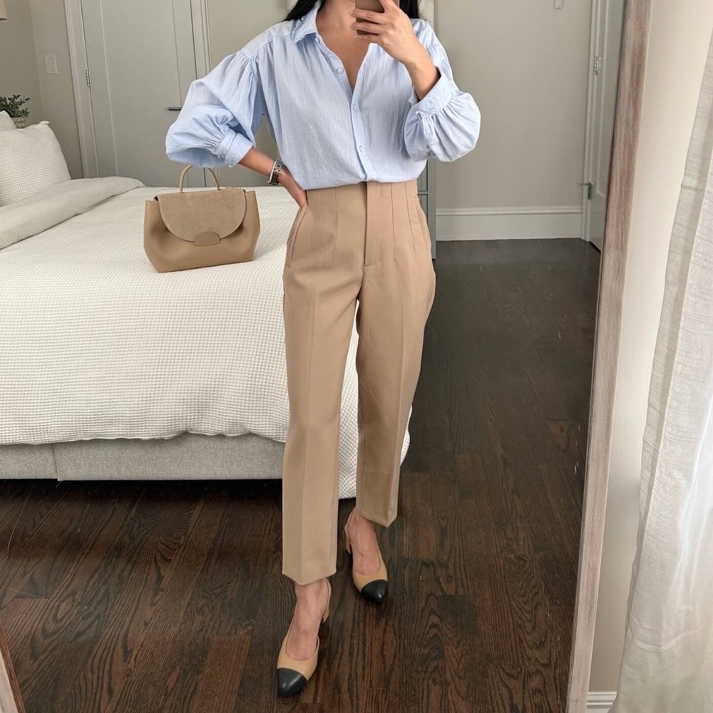 Zara Beige High Waisted Work Pants Straight Trousers Khaki Tan Ankle Slacks